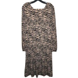 LOFT Long Sleeve Midi Dress Size 2 Zebra Animal Print Tan Black Work Fall